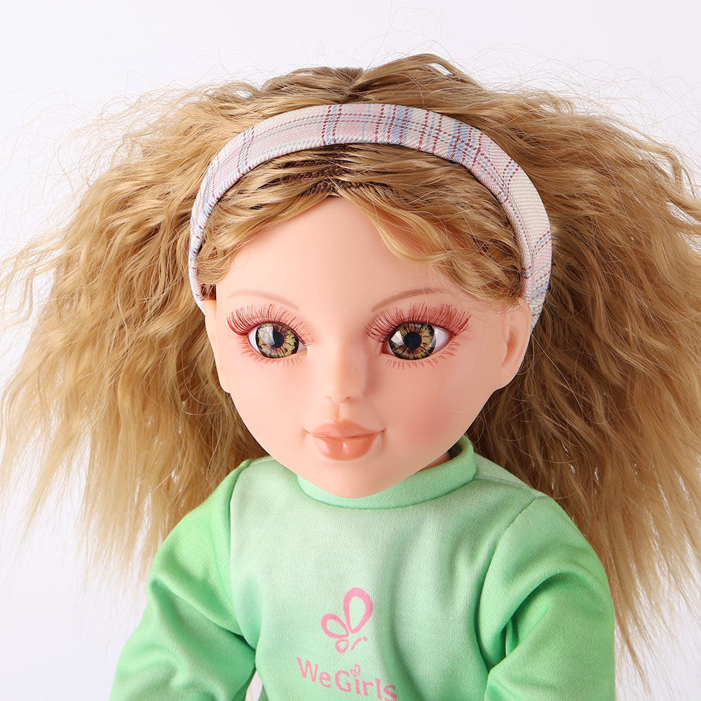 Extreme close-up of Anna doll's side profile, highlighting her facial contours and curly hair texture.