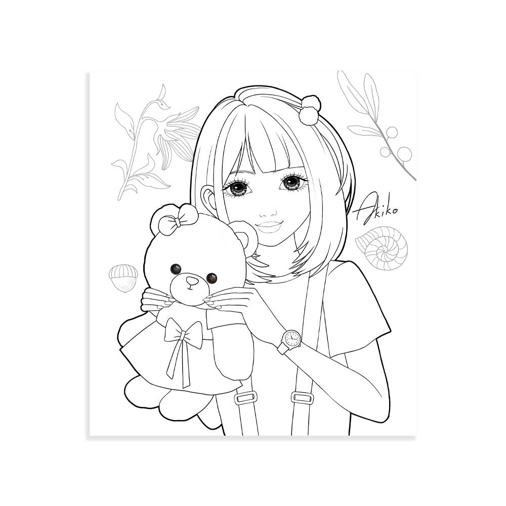 WeGirls Akiko with teddy bear doll - character and doll coloring page