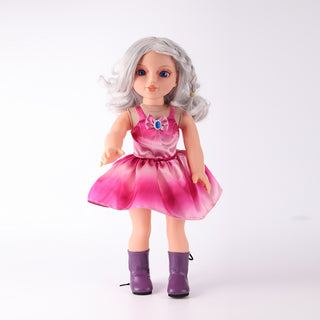 Front view of 18-inch WeGirls Natasha collector doll in lavender satin puff dress