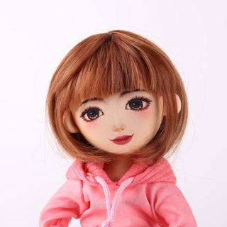Close-up of Akiko doll's sweet brown short hair and cute facial expression