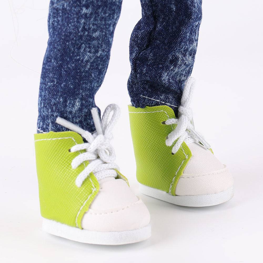Anna doll's removable green casual shoes - showing easy on/off design