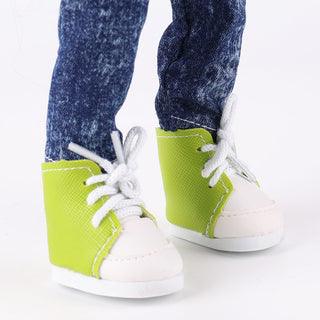 Anna doll's removable green casual shoes - showing easy on/off design