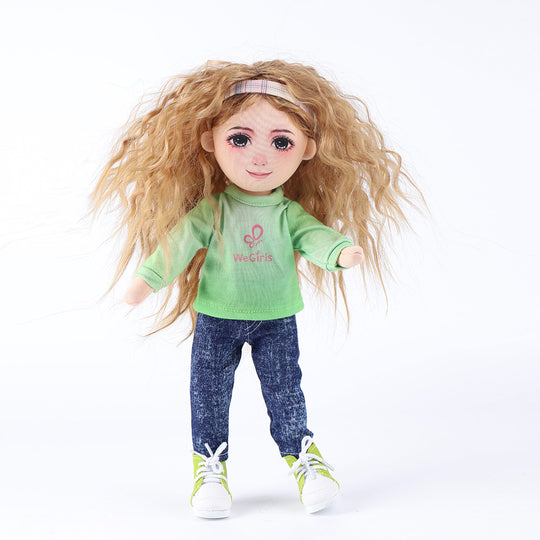 Full front view of Anna doll wearing teal long sleeve T-shirt and blue jeans