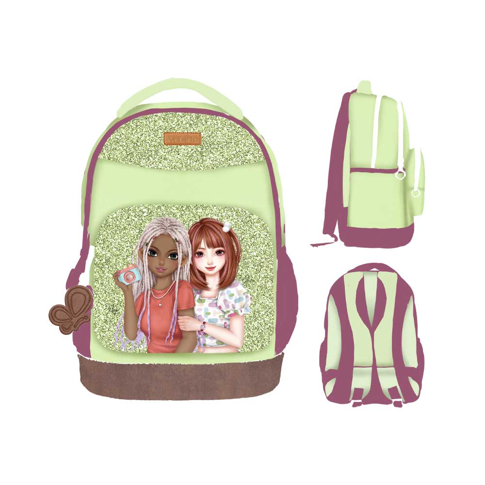 WeGirls light green glitter backpack with duo character design and patchwork details - front, side, and back view