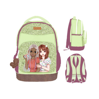 WeGirls light green glitter backpack with duo character design and patchwork details - front, side, and back view