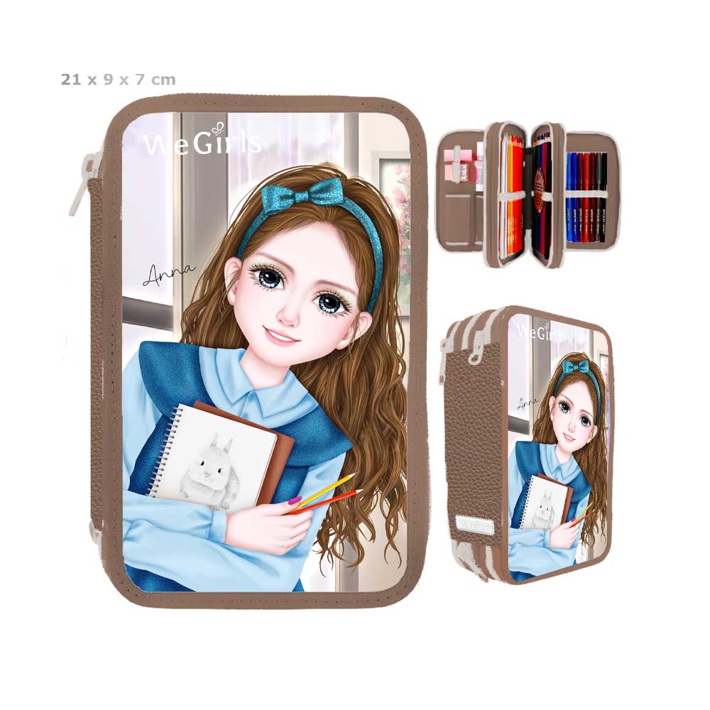 WeGirls brown Anna campus theme pencil case - large capacity student stationery organizer with 360°views