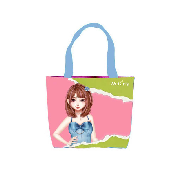 WeGirls extra-large canvas tote with Akiko patchwork art - stylish everyday carry bag with character design
