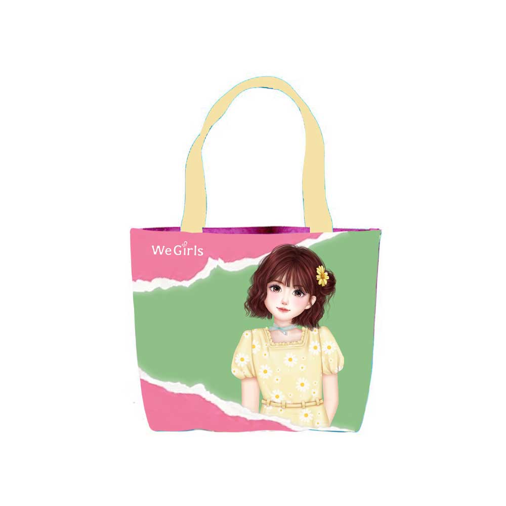 WeGirls jumbo canvas tote with Xiyue character patchwork print - trendy unisex carryall bag front view