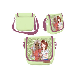 WeGirls light green glitter crossbody bag with duo character design and adjustable strap - front, back and side views