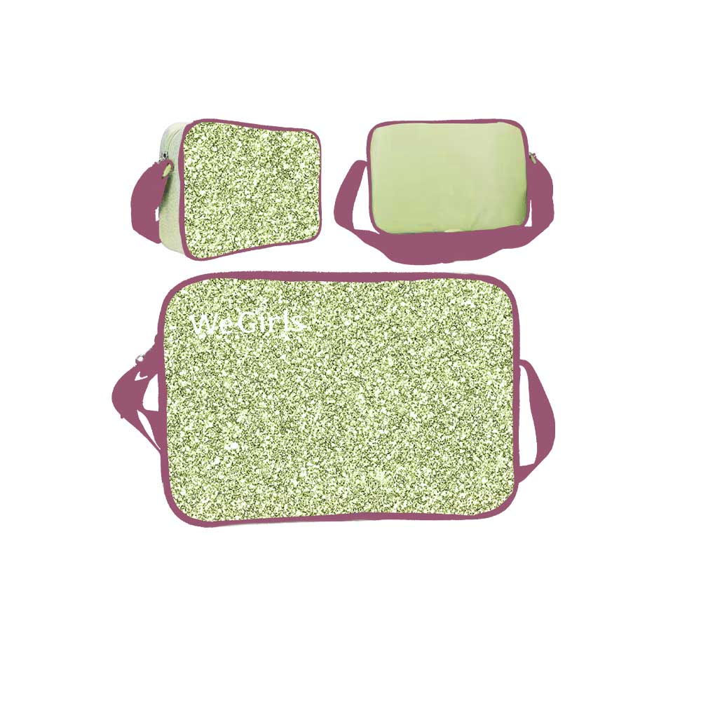 WeGirls light green glitter crossbody bag with solid color design - front, back and side views