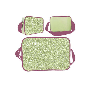 WeGirls light green glitter crossbody bag with solid color design - front, back and side views