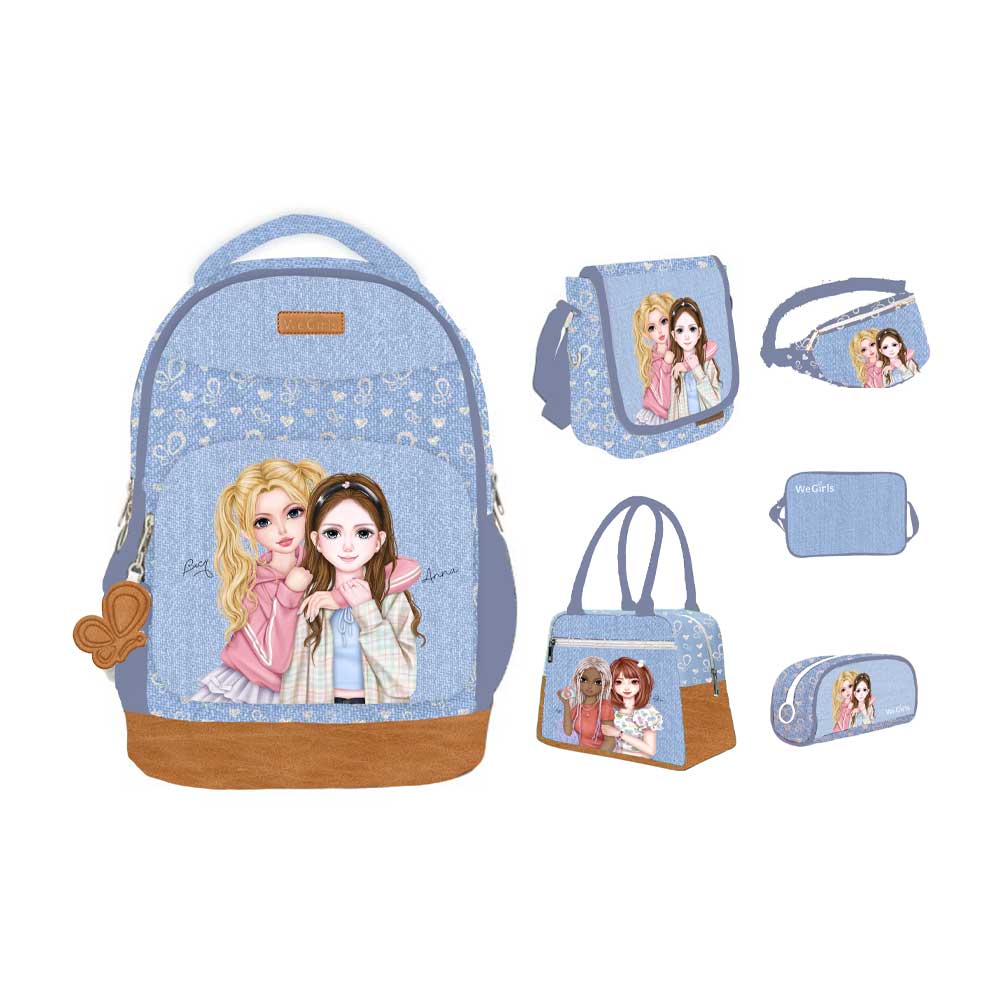 WeGirls denim bag collection with duo character patchwork design - includes backpack, crossbody, tote, waist bag and pencil case