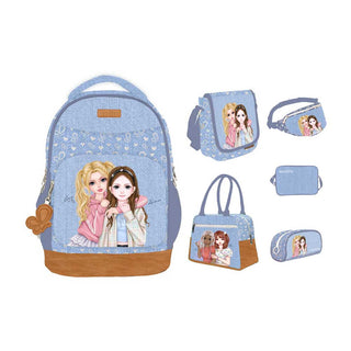WeGirls denim bag collection with duo character patchwork design - includes backpack, crossbody, tote, waist bag and pencil case