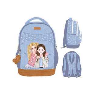 WeGirls denim backpack with duo character design - spacious capacity shown in front, side and back views