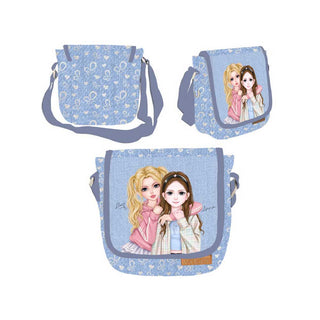 WeGirls denim crossbody bag with adjustable strap - front, back and side views showing full design