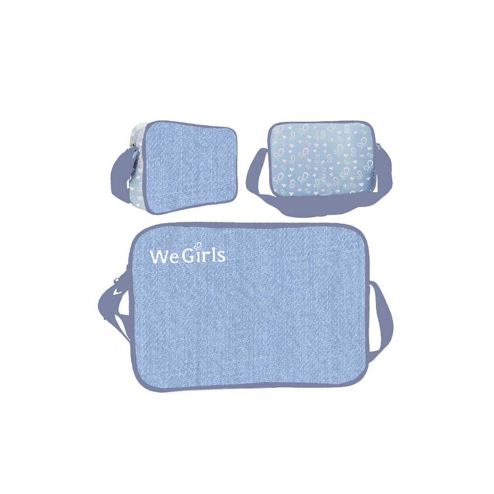 WeGirls denim crossbody bag - front, back and side views showing full design details