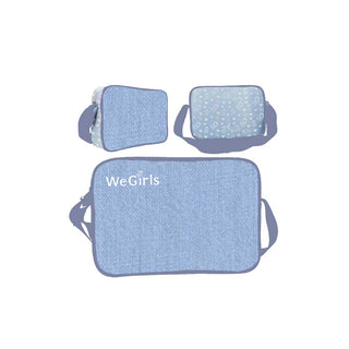 WeGirls denim crossbody bag - front, back and side views showing full design details