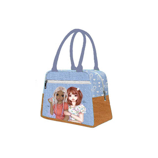 WeGirls denim patchwork tote bag - side view showing unique stitching details
