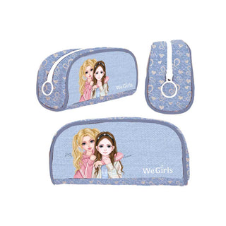 WeGirls denim stationery pouch with duo character design - spacious capacity and ring pull zipper shown in front, side and back views