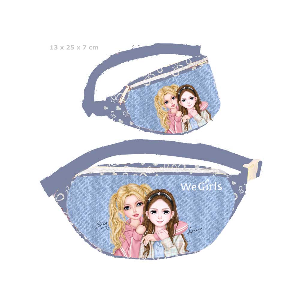 WeGirls denim waist bag with duo character design - lightweight and portable, front and side views