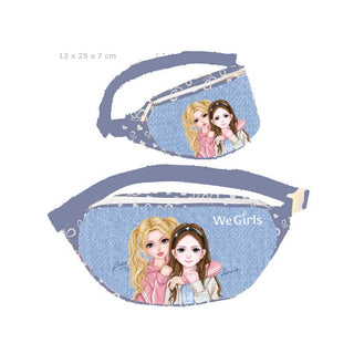 WeGirls denim waist bag with duo character design - lightweight and portable, front and side views