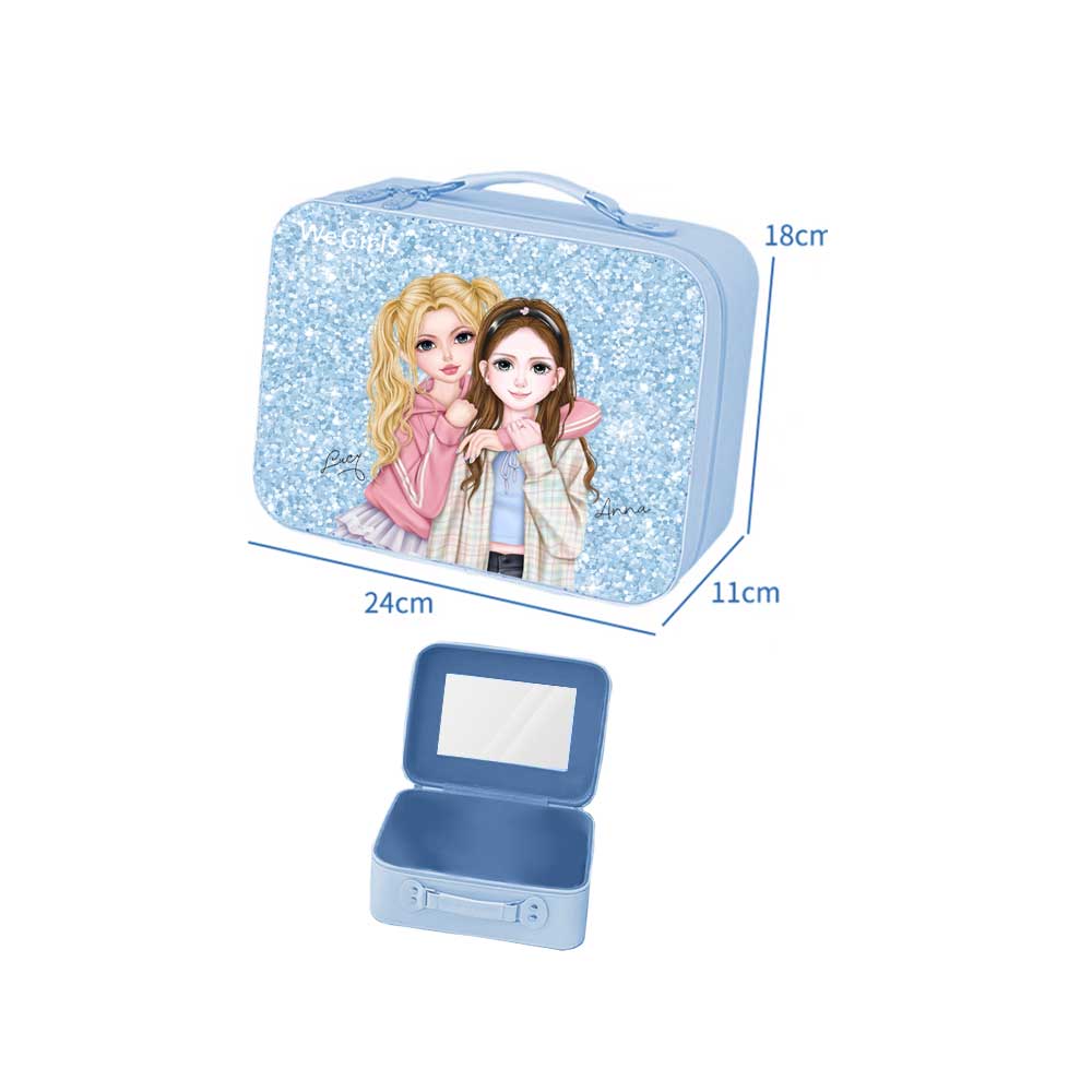 WeGirls glitter blue cosmetic case with Lucy & Anna designs - portable vanity box with built-in mirror, multi-angle display