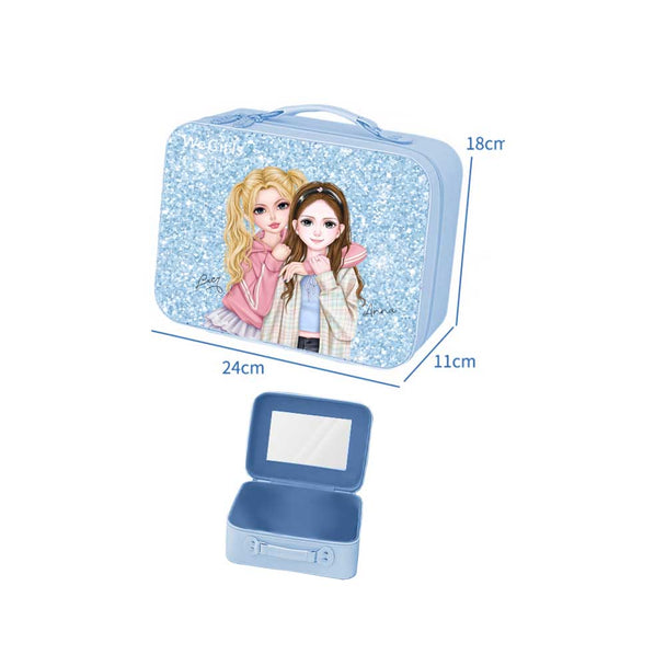 WeGirls glitter blue cosmetic case with Lucy & Anna designs - portable vanity box with built-in mirror, multi-angle display