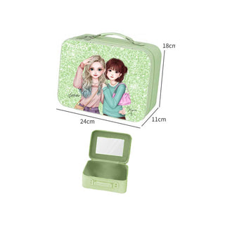 WeGirls glitter green vanity case with Natasha & Xiyue prints - handheld cosmetic box with built-in mirror (open/closed display)
