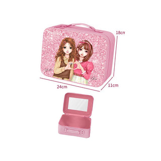 WeGirls glitter pink cosmetic organizer with Yufei & Akiko prints - handheld vanity case with mirror (open/closed views)