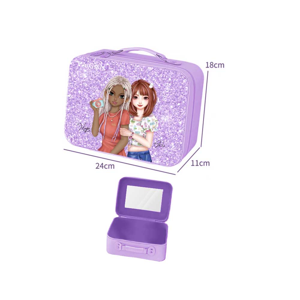 WeGirls glitter purple makeup case with Naya & Akiko designs - portable vanity organizer with built-in mirror (open/closed views)