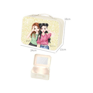 WeGirls glitter yellow vanity case with Wanru & Yufei designs - portable makeup organizer with built-in mirror (open/closed views)