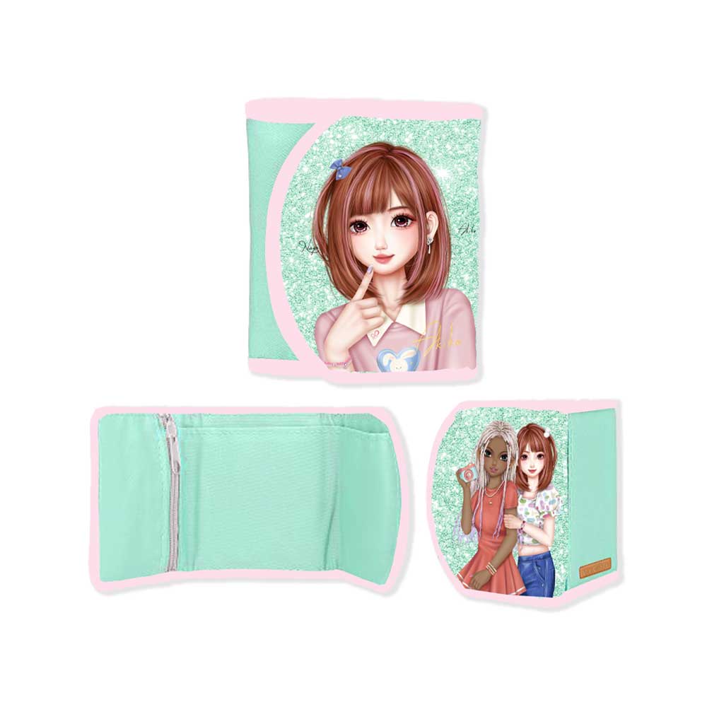 WeGirls light green tri-fold wallet with Akiko design - slim lightweight card holder front and side views