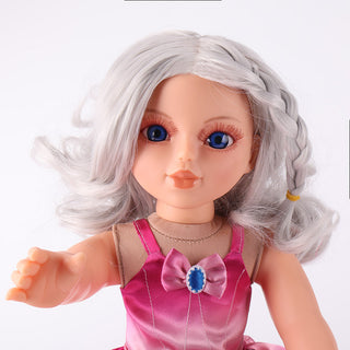 Front portrait close-up of Natasha doll, showcasing her silver curls, glass-like eyes, and serene expression