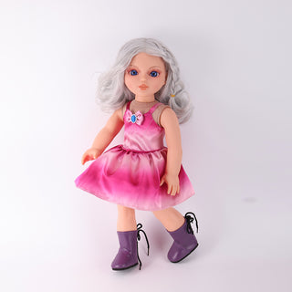 Natasha doll holding the hem of her lustrous satin puff dress in a graceful pose