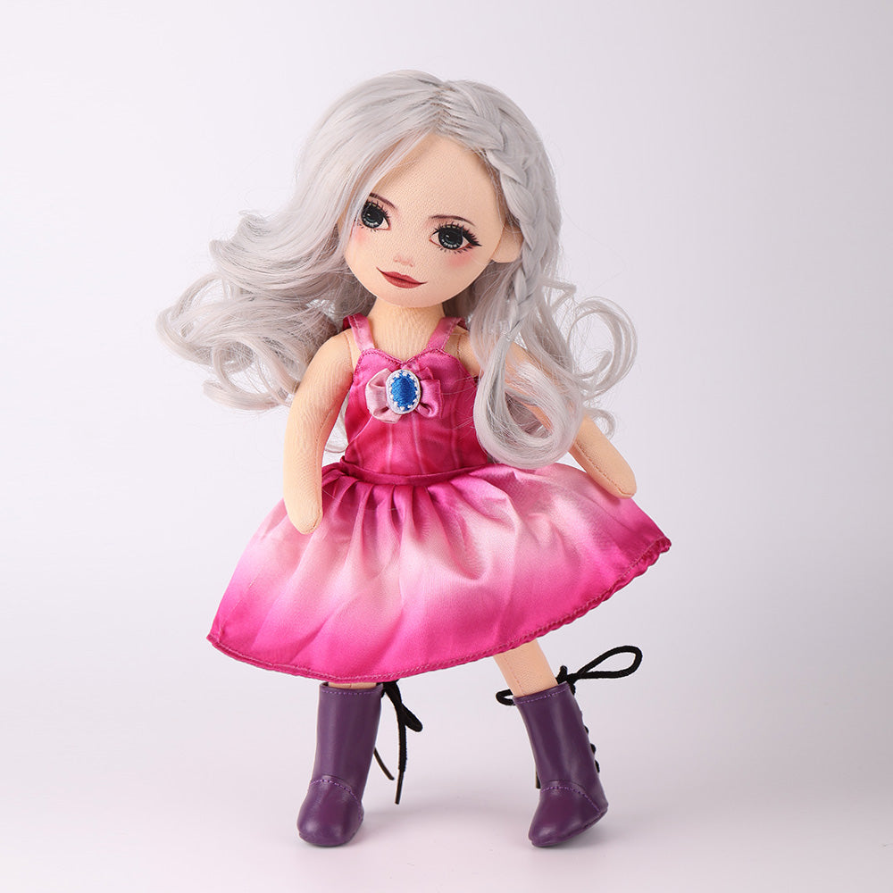 WeGirls Natasha doll with silver curly hair in purple princess dress and boots - full front view
