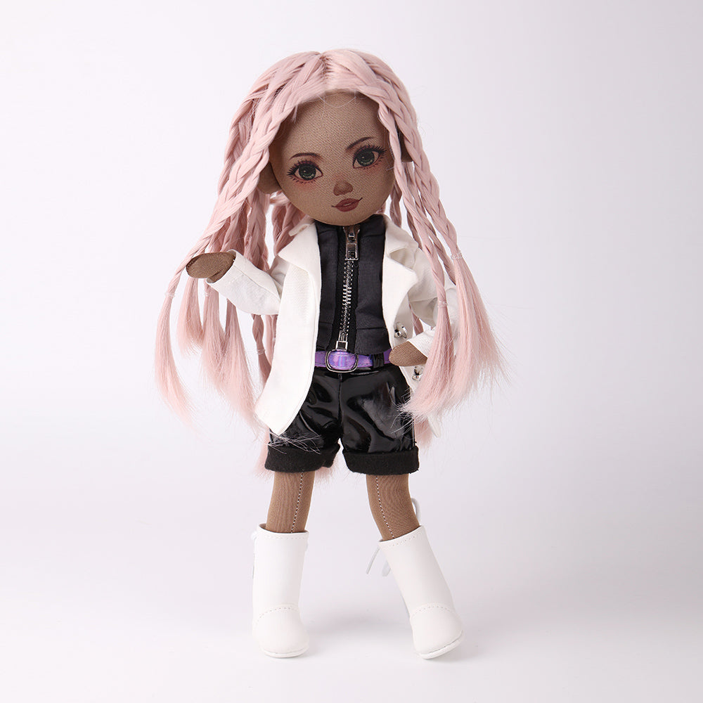 WeGirls Naya fashion doll with pink braids in white jacket and black leather shorts - full front view