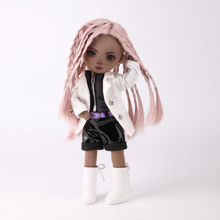 Naya doll touching her pink braided hair in adorable playful pose
