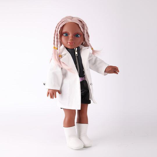 Front view of the WeGirls Fashion Designer Naya 18-inch doll with pink braids, wearing a white jacket and black faux-leather pants.