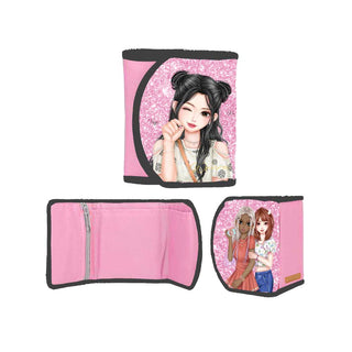 WeGirls pastel pink tri-fold wallet with Wanru design - ultra lightweight card holder showing front and side angles