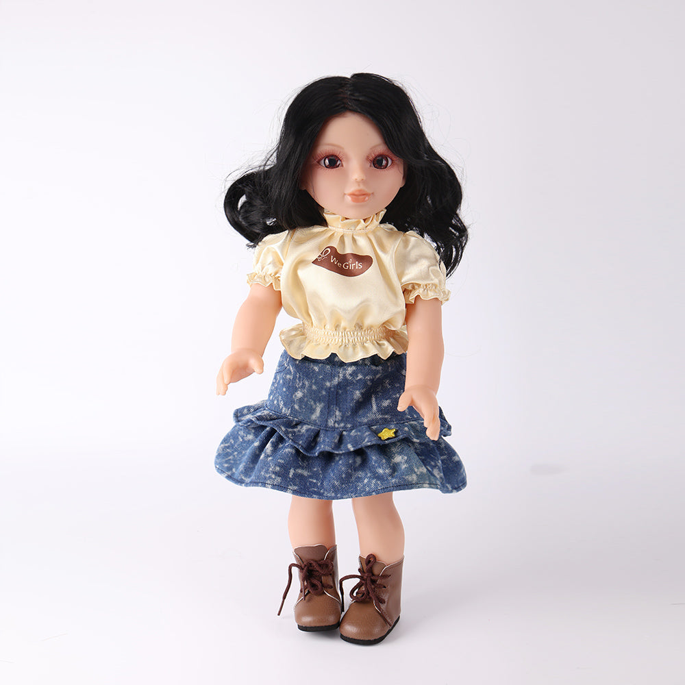 Front view of WeGirls Pastry Chef Wanru doll with black curly hair, wearing a sweet yellow top and denim cake-layer skirt.