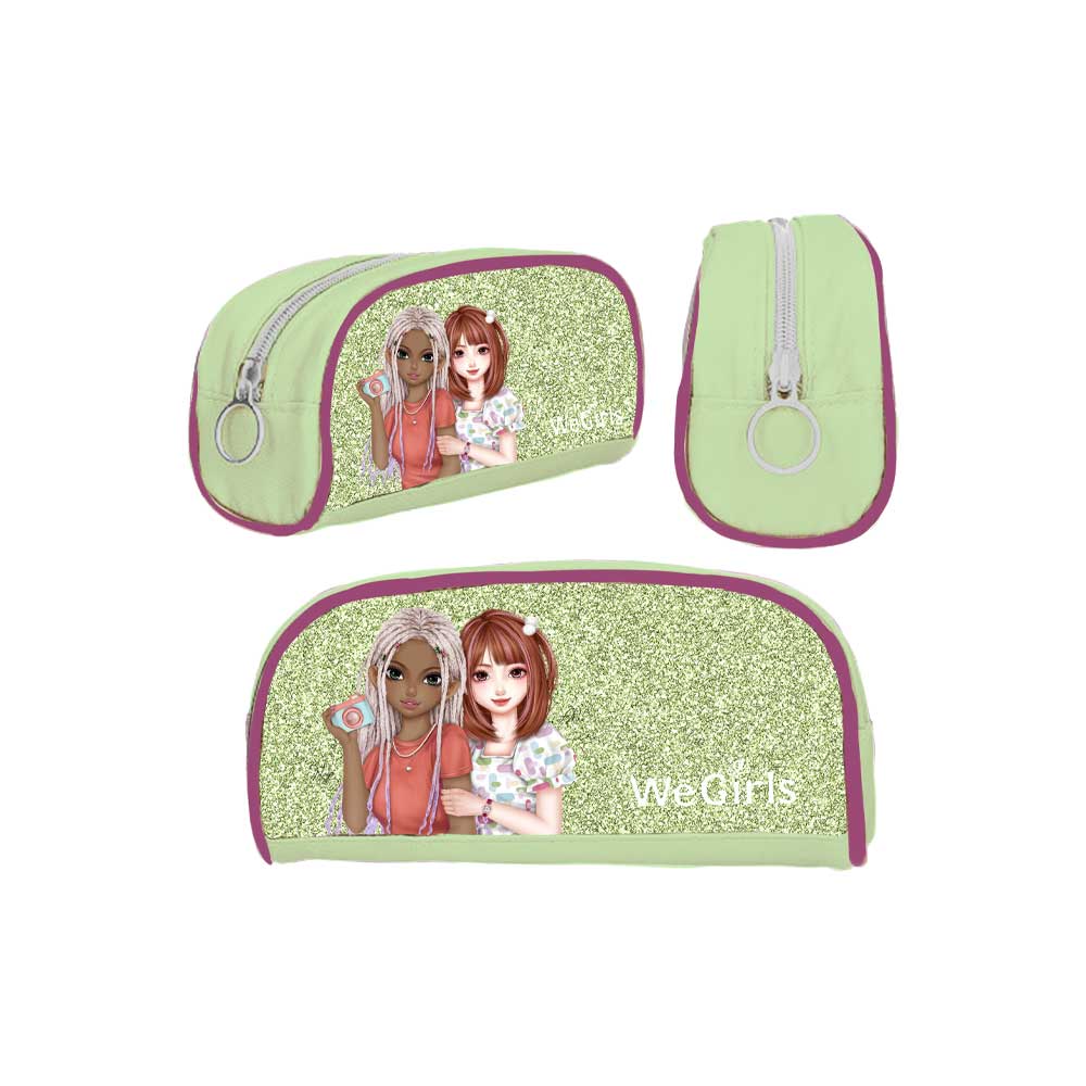 WeGirls light green glitter pencil case with duo character design and adjustable strap - front, side and angled views