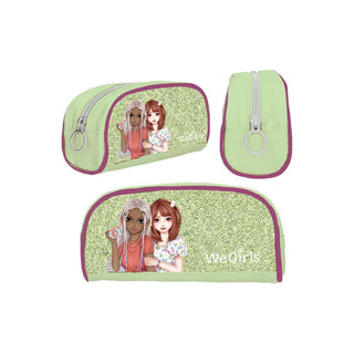 WeGirls light green glitter pencil case with duo character design and adjustable strap - front, side and angled views