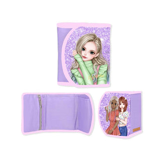WeGirls purple tri-fold wallet with Natasha character - featherlight compact card case showing front/side angles