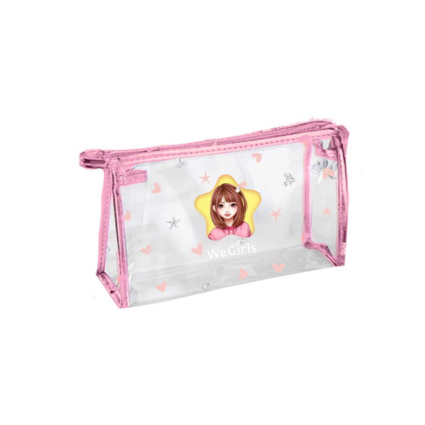 WeGirls lightweight PVC pouch with Akiko character print - spacious clear cosmetic bag with vibrant pink trim, front view