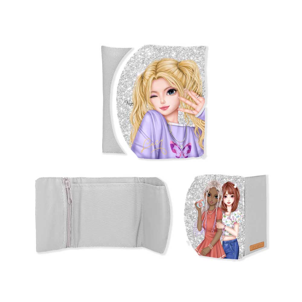WeGirls silver tri-fold wallet with Lucy design - slim metallic card holder showing front and side angles