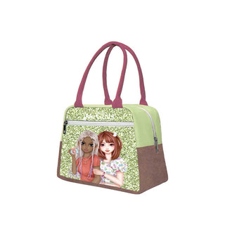 WeGirls light green glitter tote bag with duo character patchwork design - side view