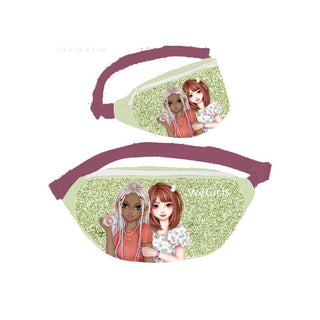 WeGirls light green glitter crossbody bag with duo character design and adjustable strap - front, back and side views