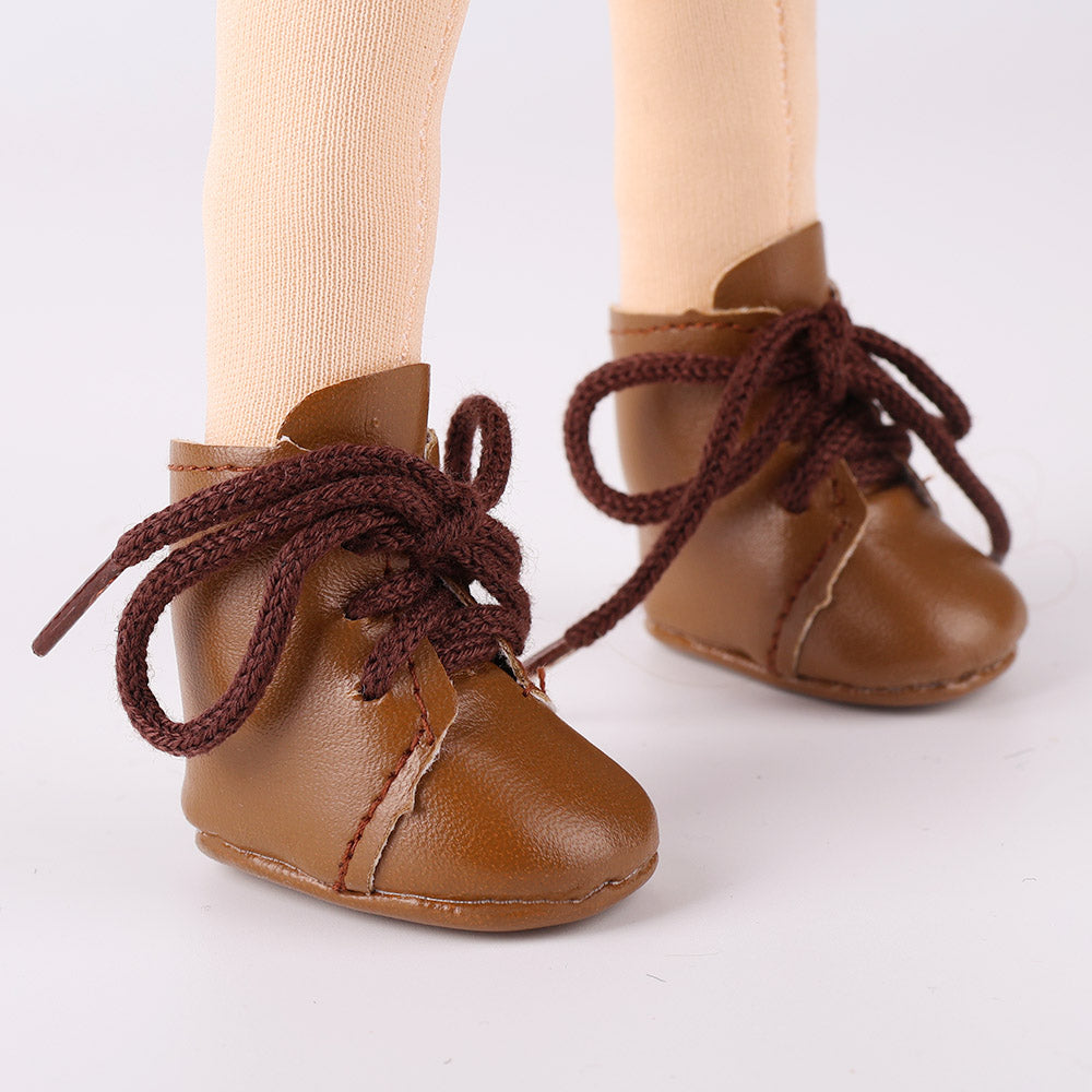 Detailed close-up of Wanru doll's brown leather-look shoes
