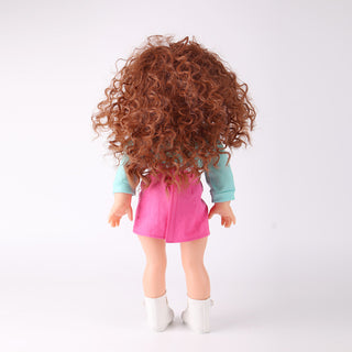Back view showing Yufei doll's wavy brown hairstyle and outfit back details
