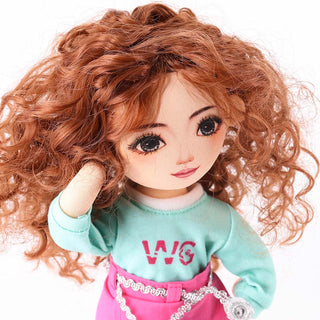 Portrait close-up of Yufei doll's beautiful brown wavy hair and facial features